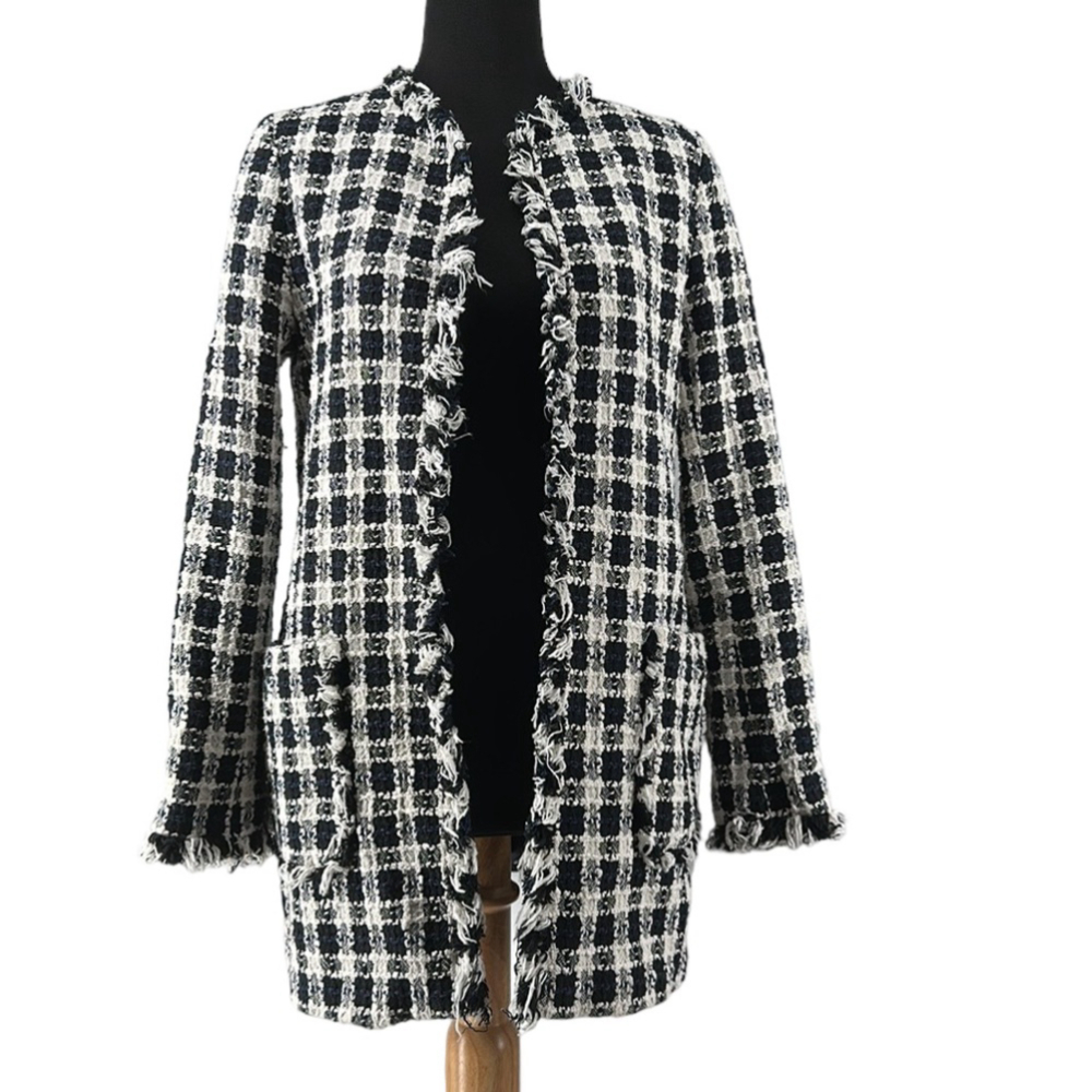Zara tweed blazer open front long line  white black clueless preppy career S